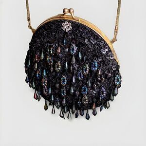 New Black Beaded Sequins Purse Cocktail Long Chain Gold Flower Holiday Event